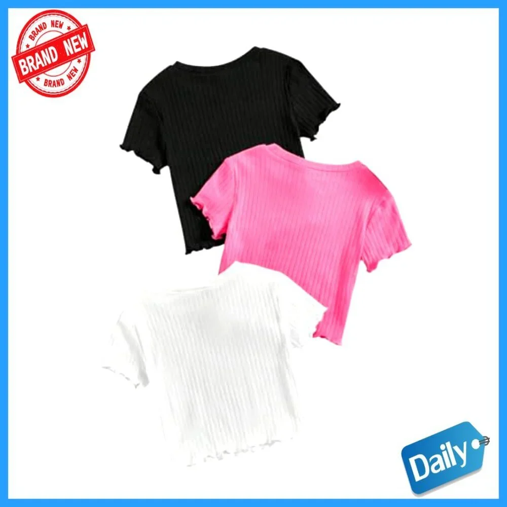 Girls 3-Pack Rib-Knit Crop Tees with Lettuce Trim Short Sleeve